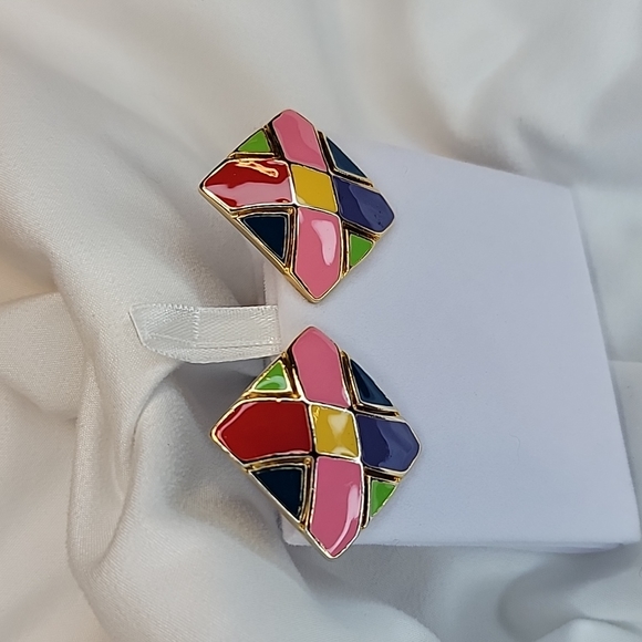 Vintage Gold Tone Enamel Clip on earrings ✨️ Retro Multicolored Square - Picture 4 of 8